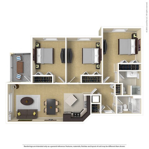 A 3D floor plan of a house with a kitchen, living room, and bathroom.
